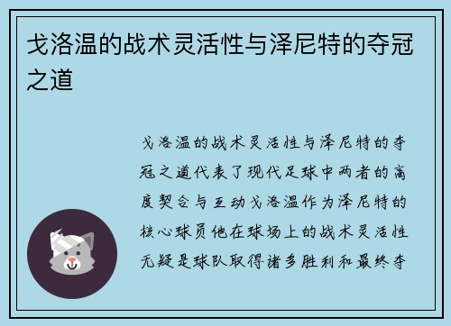 戈洛温的战术灵活性与泽尼特的夺冠之道