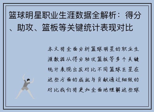 篮球明星职业生涯数据全解析：得分、助攻、篮板等关键统计表现对比