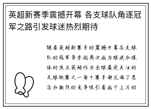 英超新赛季震撼开幕 各支球队角逐冠军之路引发球迷热烈期待